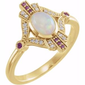14k Cabochon Ethiopian Opal, Pink Sapphire & Diamo
